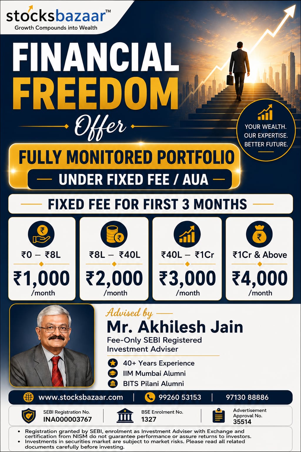 StocksBazaar banner featuring Akhilesh Jain,  SEBI Registered Investment Adviser, with 40 years of investment expertie.