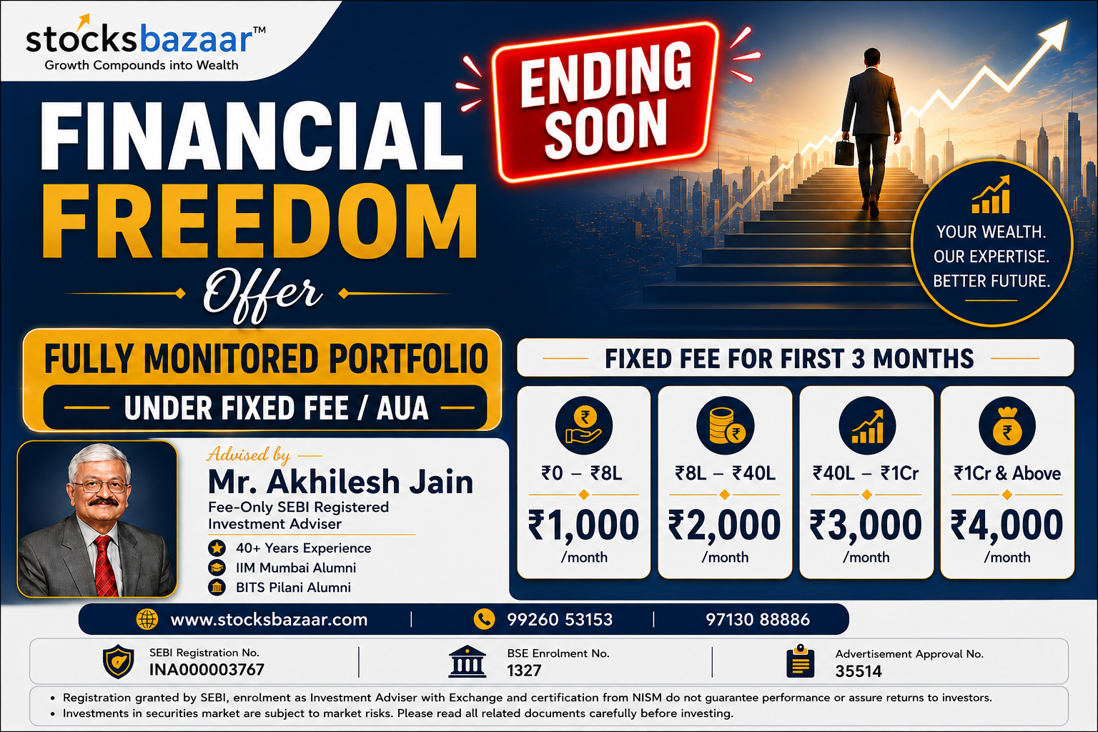 StocksBazaar banner featuring Akhilesh Jain,  SEBI Registered Investment Adviser, with 40 years of investment expertie.