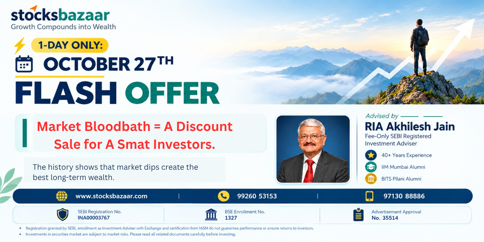 StocksBazaar banner featuring Akhilesh Jain,  SEBI Registered Investment Adviser, with 40 years of investment expertie.