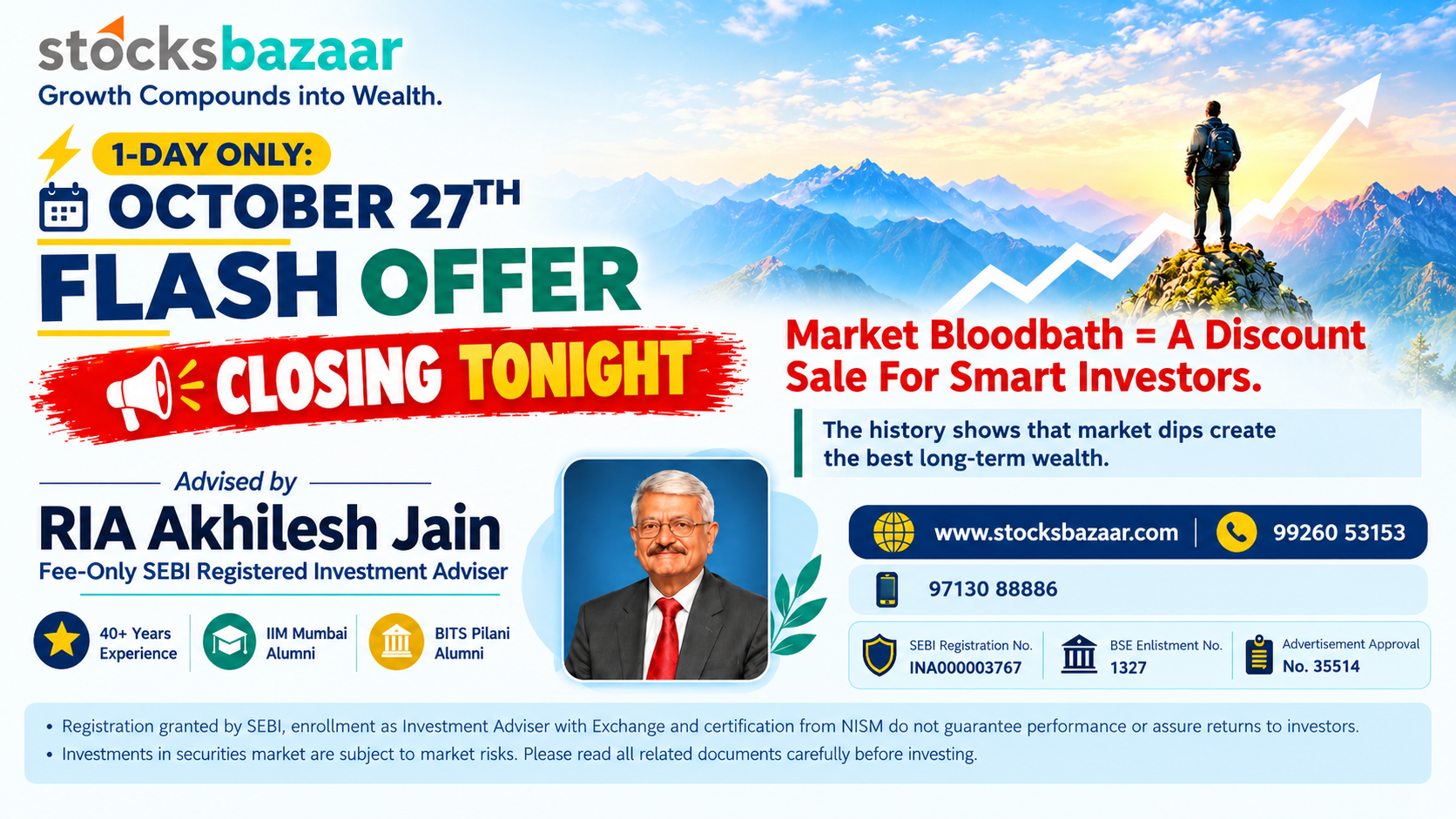 StocksBazaar banner featuring Akhilesh Jain,  SEBI Registered Investment Adviser, with 40 years of investment expertie.